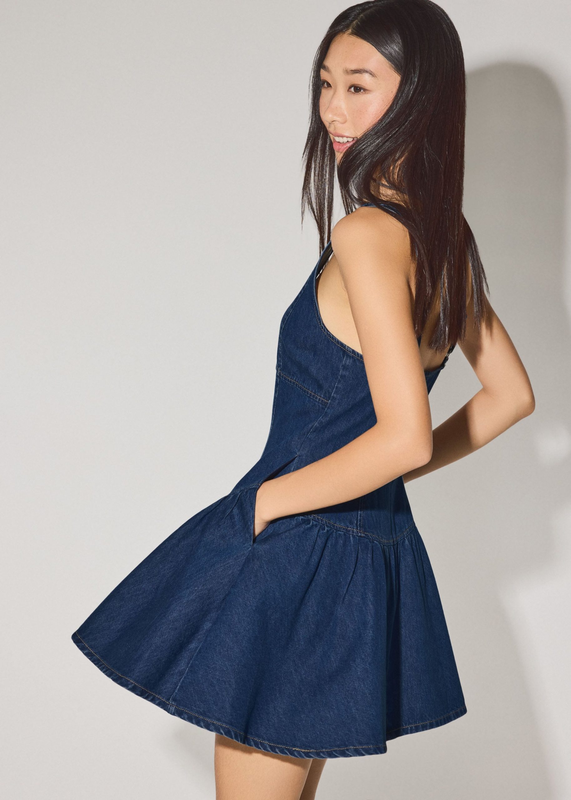Denim Scoop Neck Fit & Flare Mini Dress - Image 2