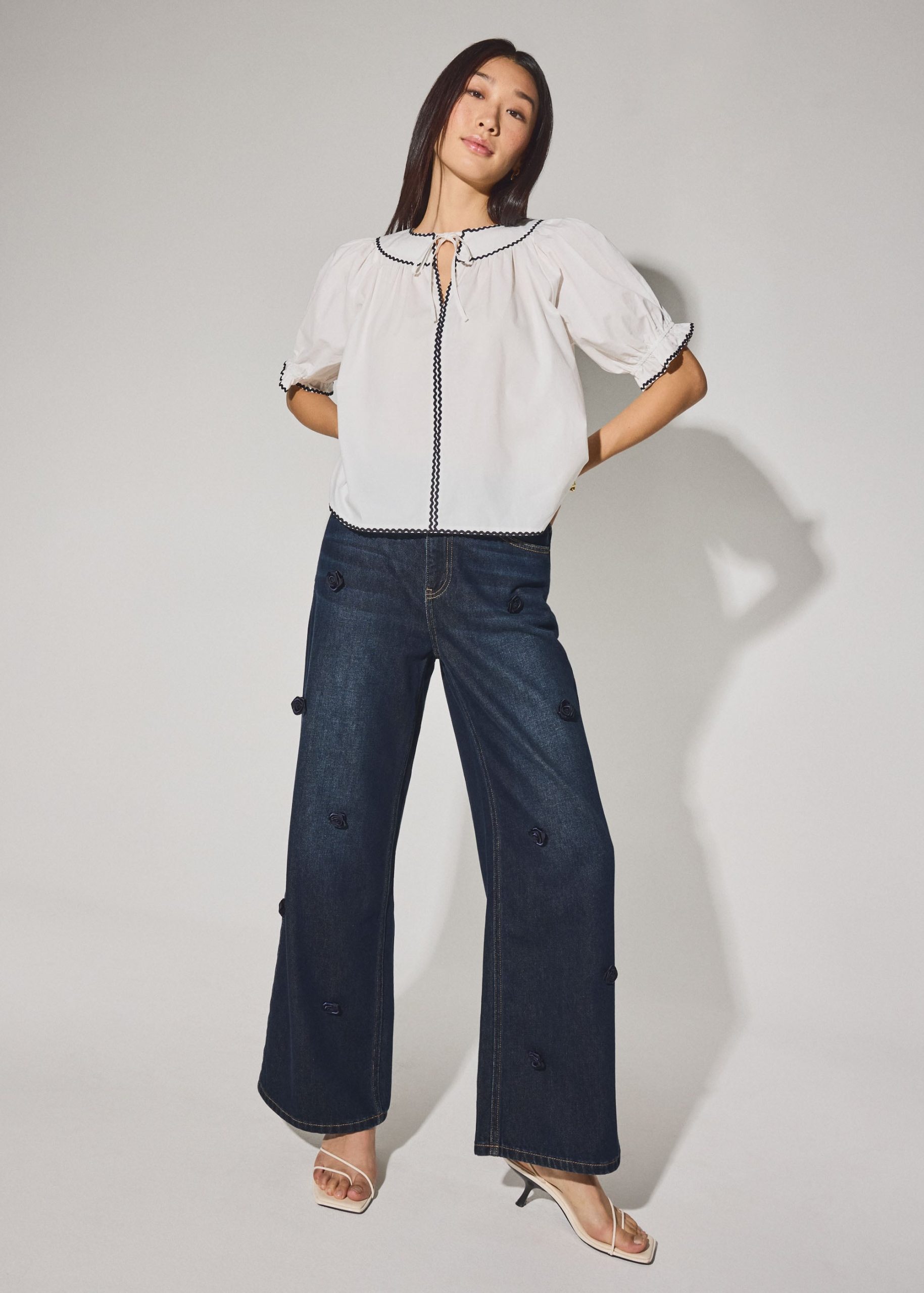 Relaxed Cotton Scallop Trim Puff Sleeve Blouse - Image 10