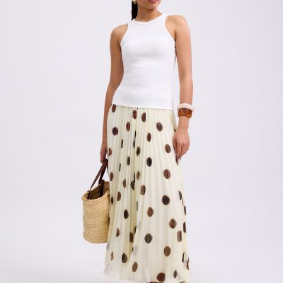 Plisse High Waist Flare Midaxi Skirt in Brushed Dots