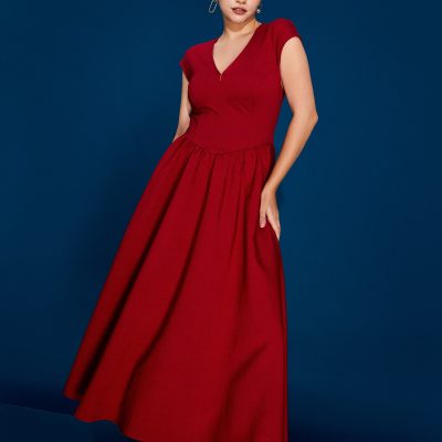 Panelled Mixed Fabric V-Neck Fit & Flare Midaxi Dress