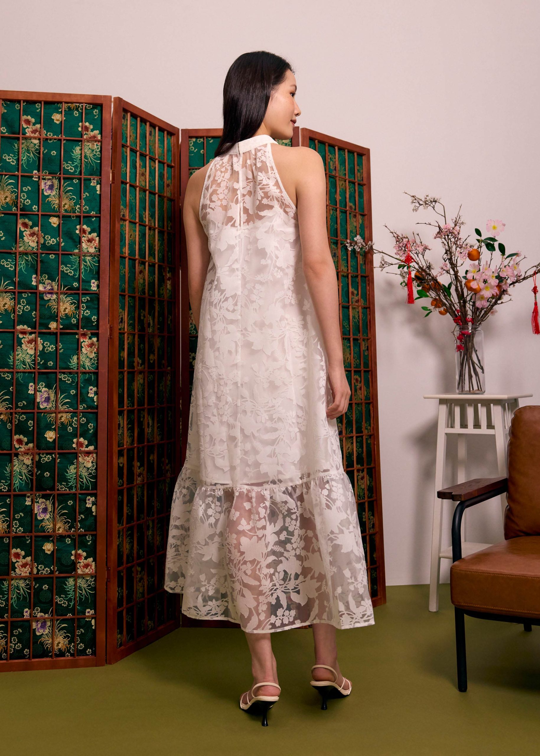 Jacquard Mandarin Collar Trapeze Midaxi Dress - Image 4