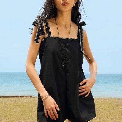 Blanket Stitch Shoulder Tie Romper