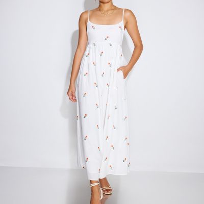 Cotton Floral Embroidery Camisole Fit & Flare Maxi Dress
