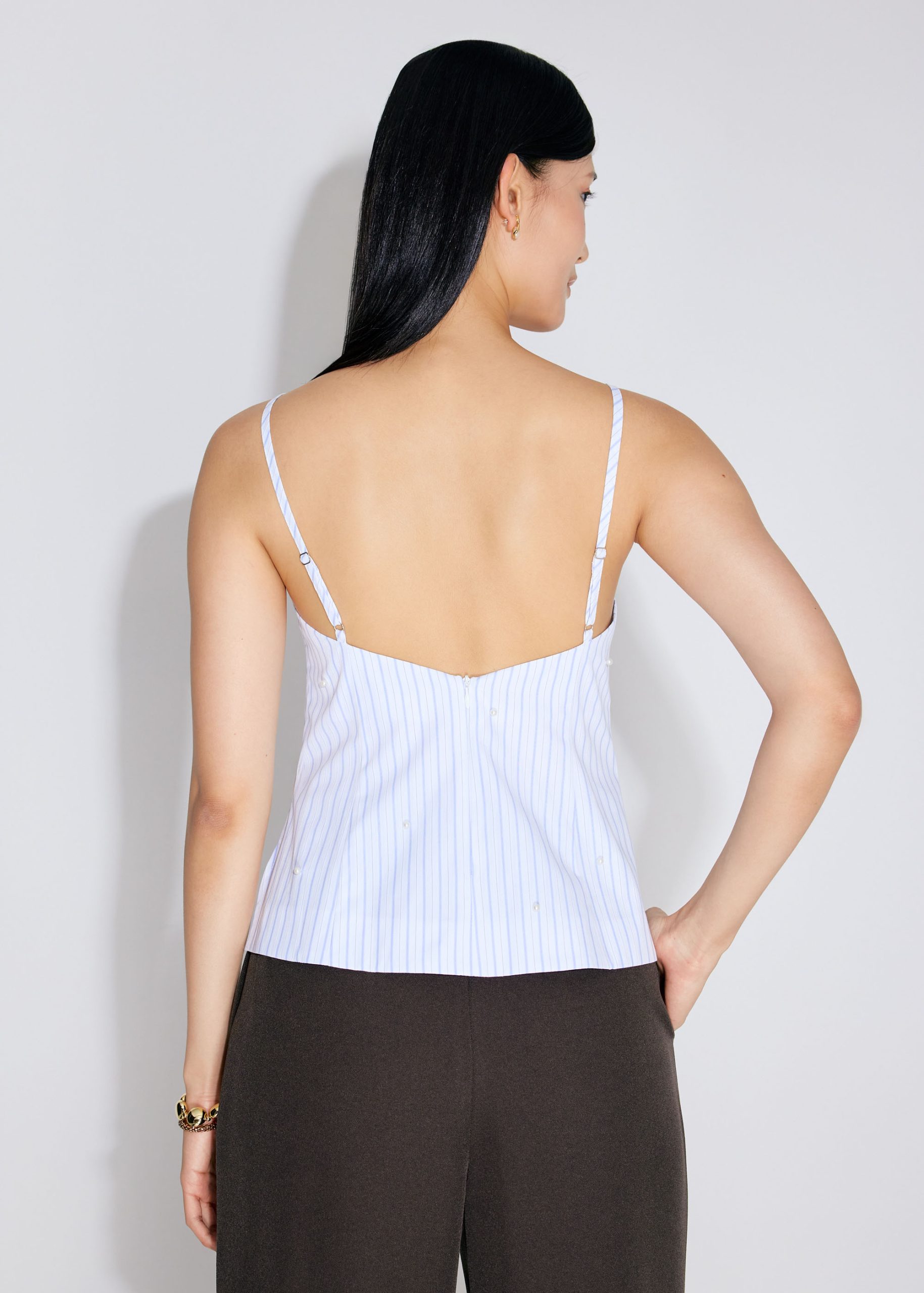 BraFree by LB Pearl Embellished Pinstripe Straight Neck Fitted Top - Image 5