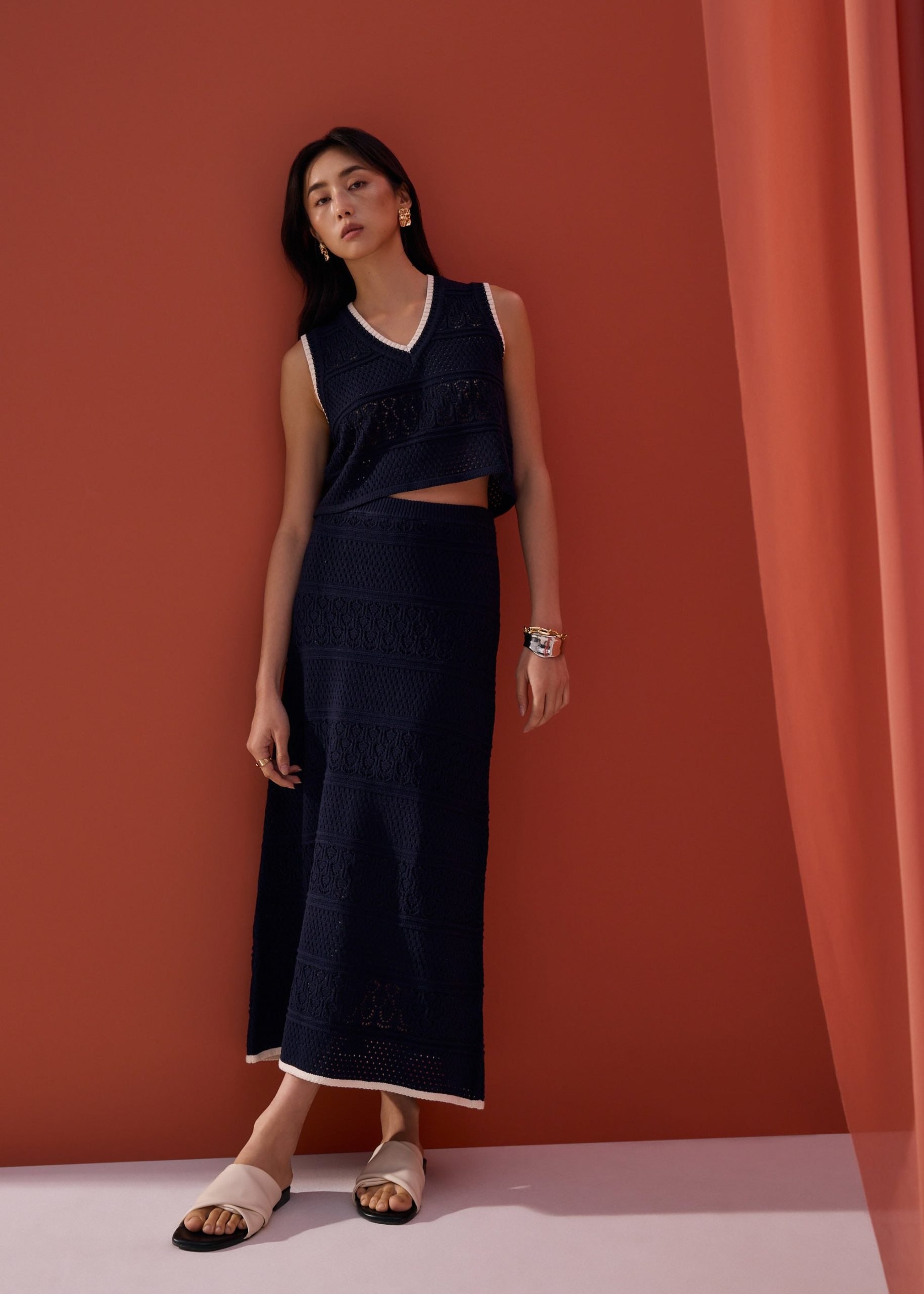 Pointelle Contrast Knit High Waist Column Midaxi Skirt - Image 7
