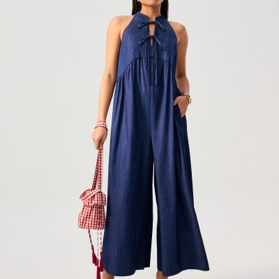 Chambray Mandarin Collar Wide Leg Jumpsuit in Dark Denim