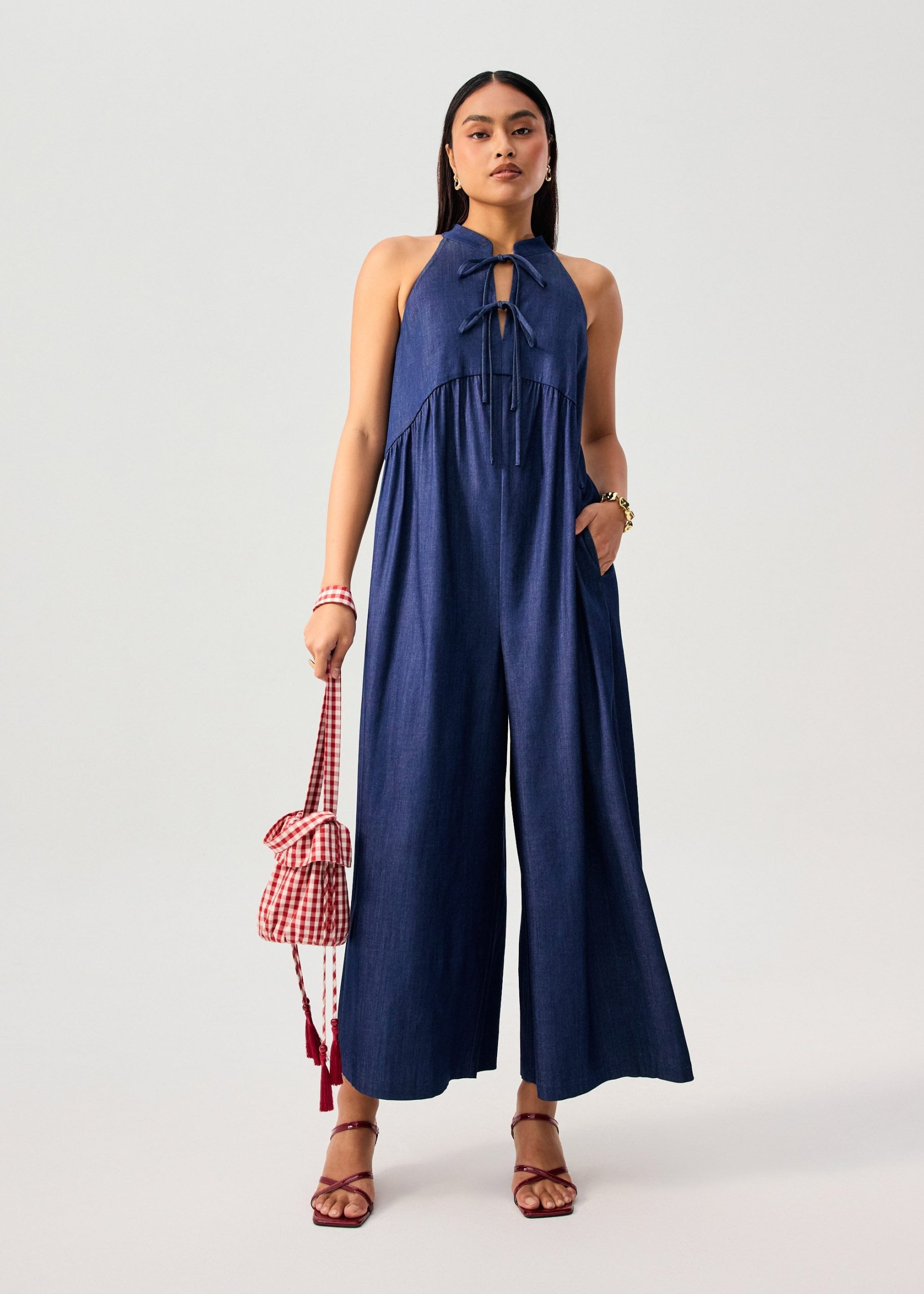 Chambray Mandarin Collar Wide Leg Jumpsuit in Dark Denim