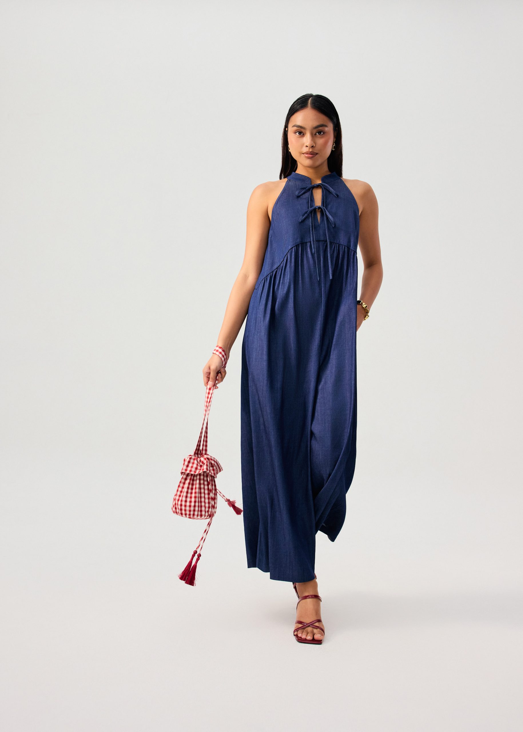 Chambray Mandarin Collar Wide Leg Jumpsuit in Dark Denim - Image 3