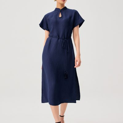 Detachable Sash Tie Crinkled Mandarin Collar Column Midi Dress