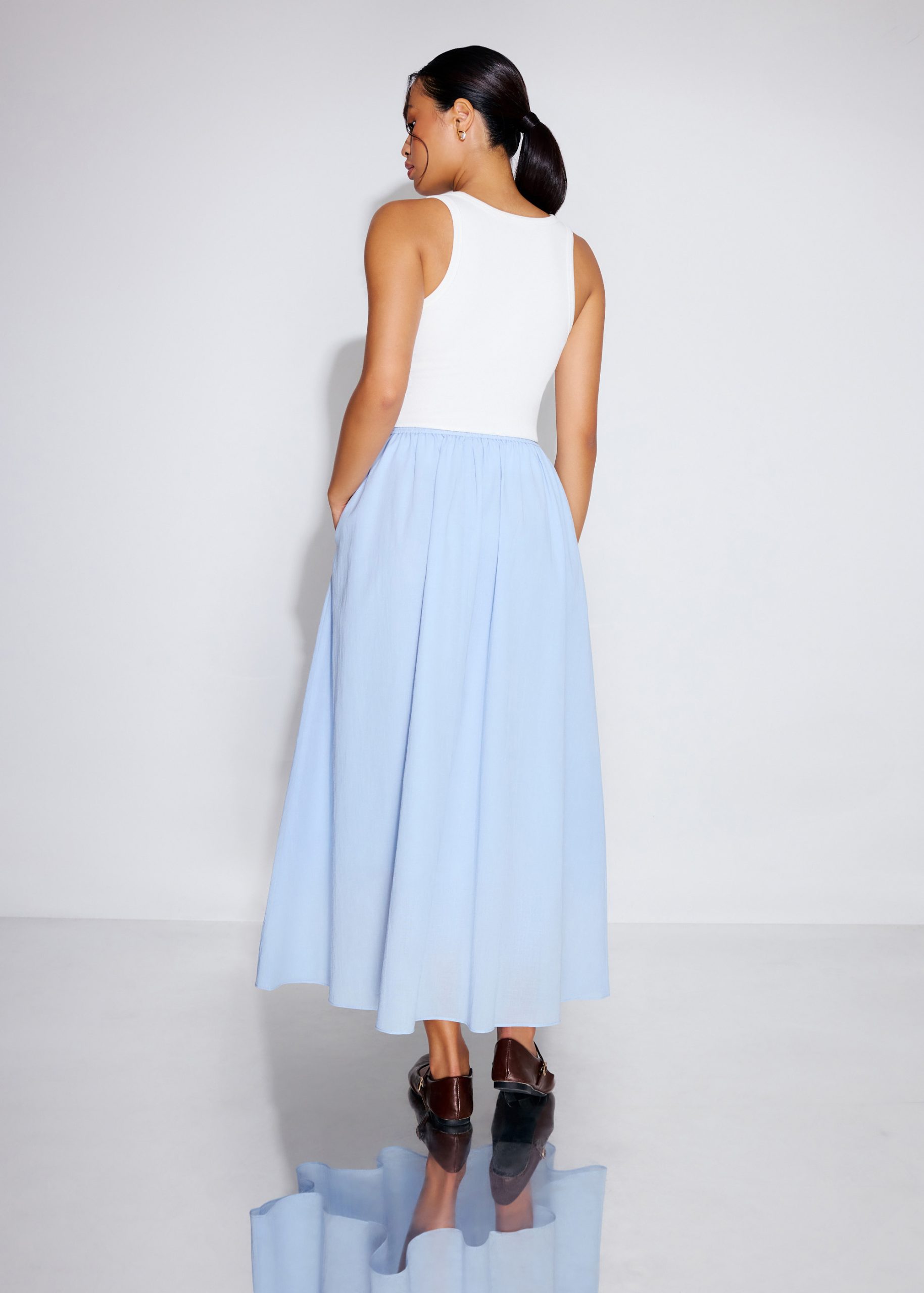 Elastic Cotton High Waist Flare Maxi Skirt - Image 11