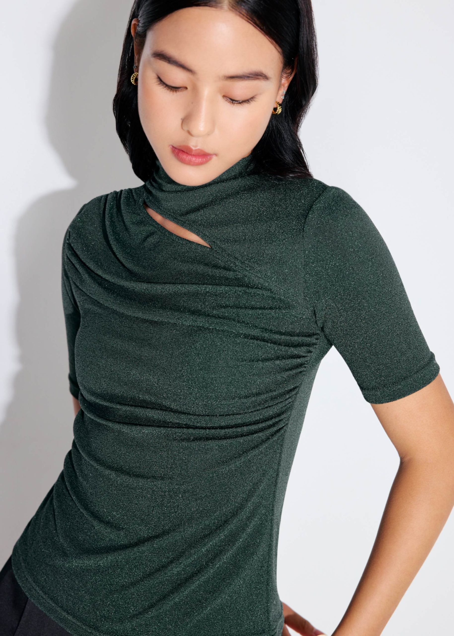 Lurex Jersey Cut Out Mock Neck Fitted Top
