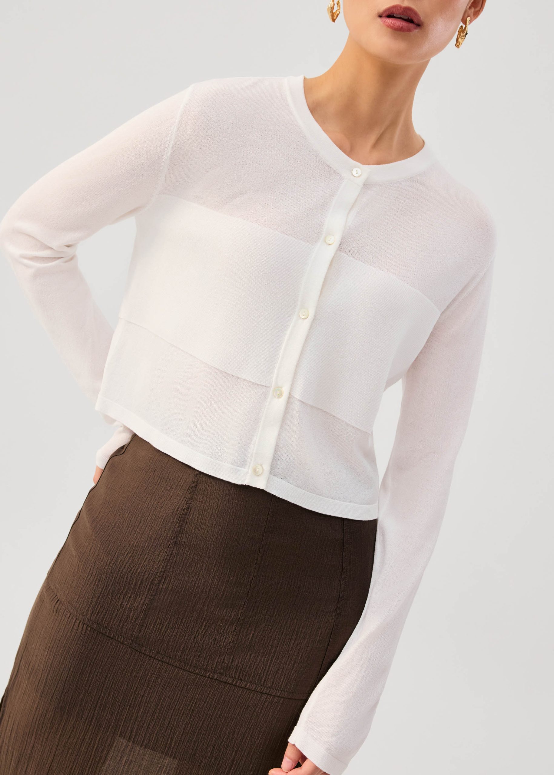 Sheer Knit Front Panel Round Neck Cardigan - Image 12