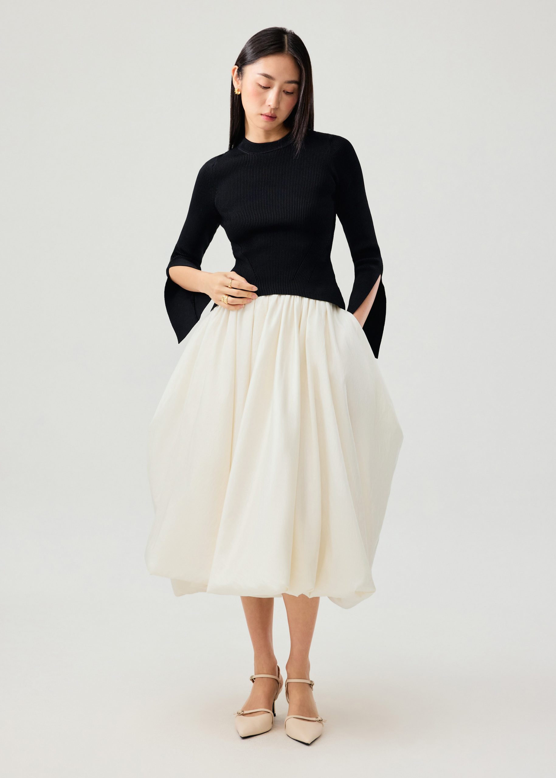 Asymmetric Hem Mock Neck Bell Sleeve Top - Image 2