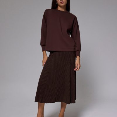 Elastic Ribbed Knit Flare Midi Skirt