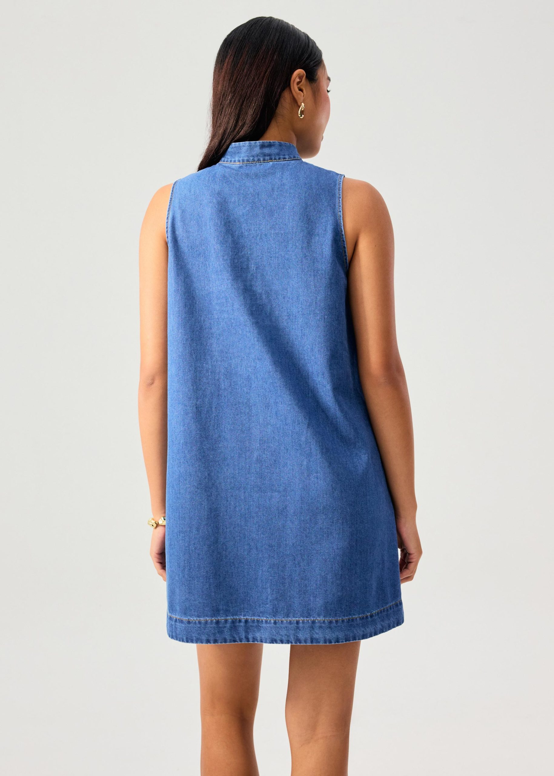 Denim Mandarin Collar Mini Dress - Image 7