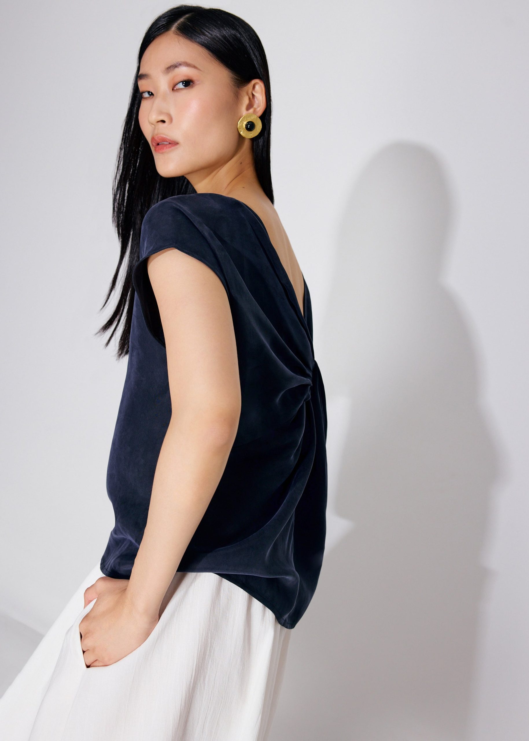 Relaxed Cupro Back Knot Boat Neck Shell Top - Image 3