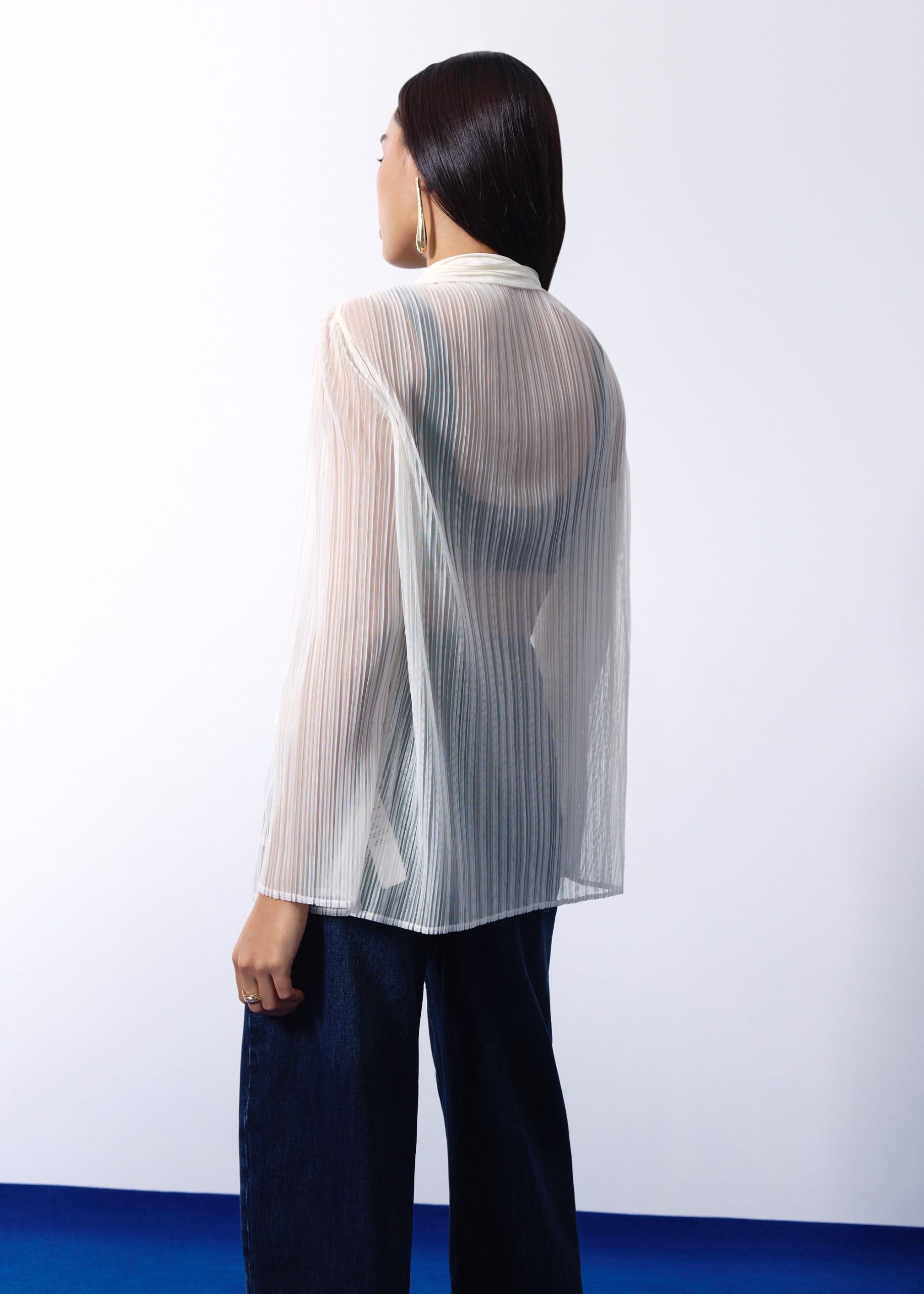 Sheer Plisse Collared Button Down Shirt - Image 11