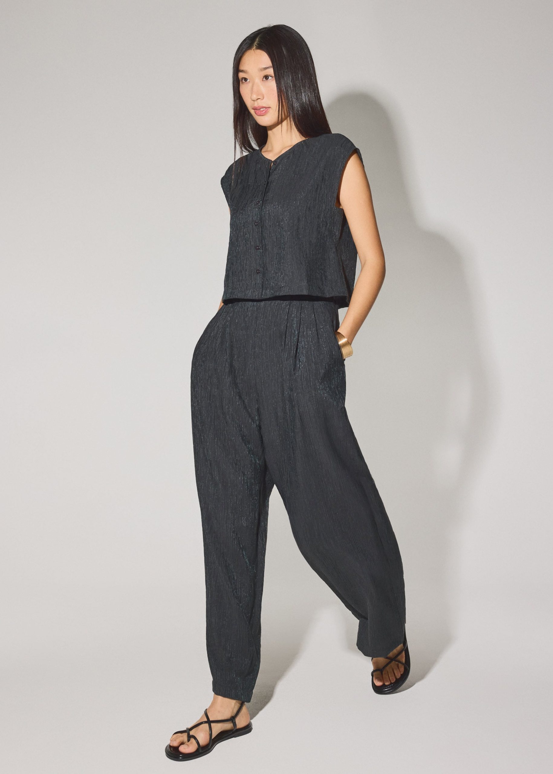 Relaxed Textured Lyocell Button Down Top