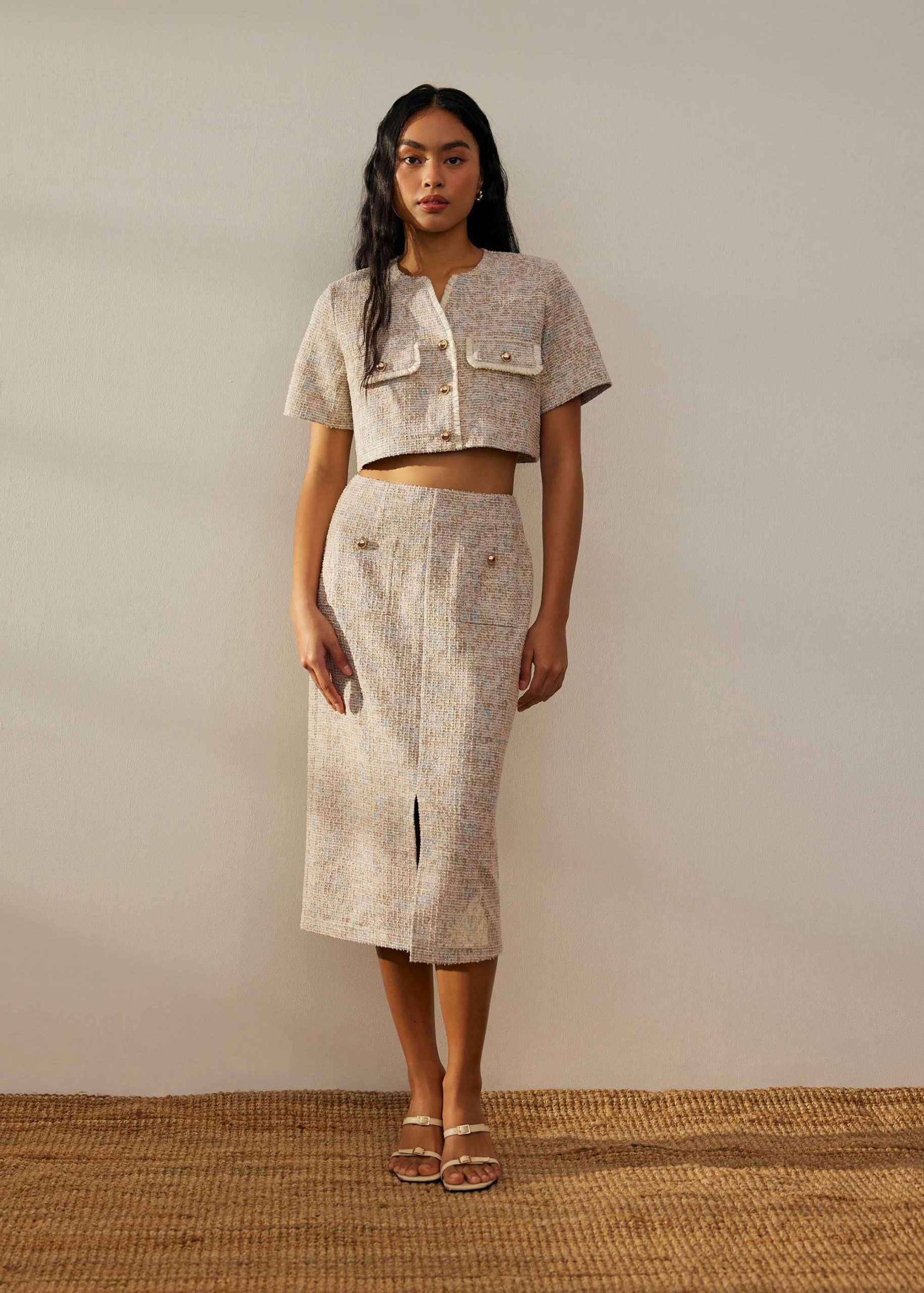 High Waist Tweed Column Midi Skirt