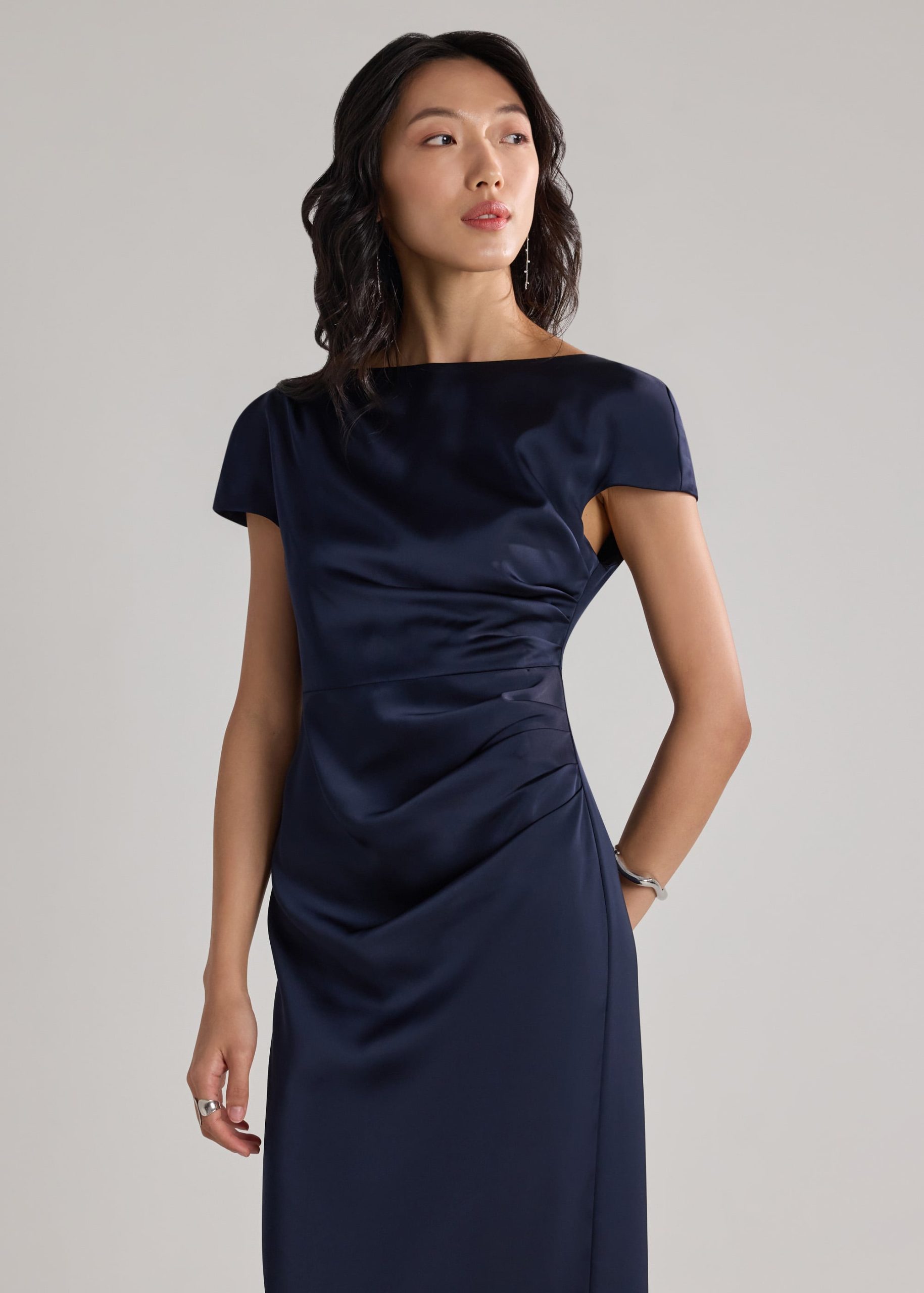 Satin Drape Boat Neck Dress - Image 14
