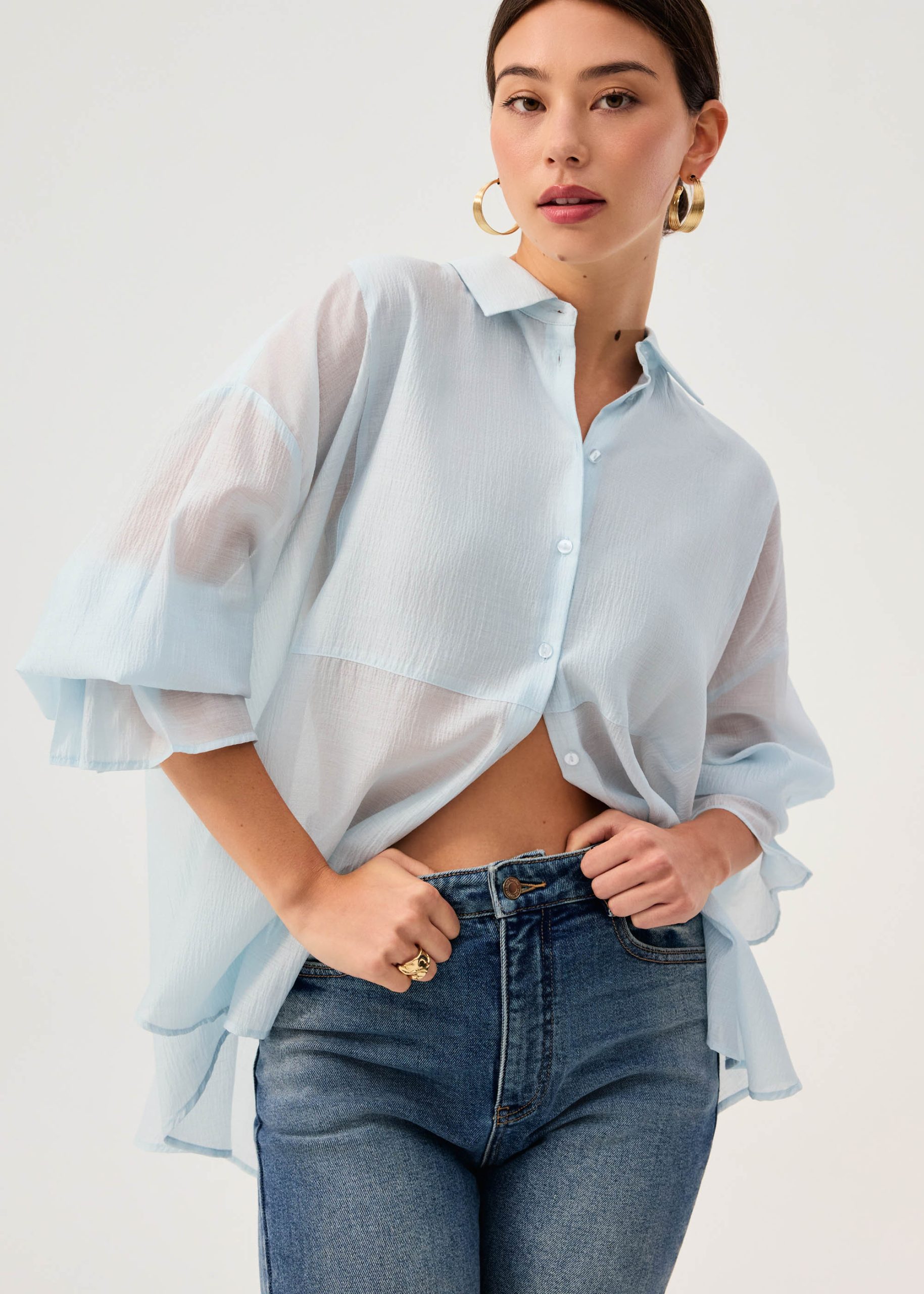 Oversized Sheer Lyocell Collared Poet Sleeve Blouse - Image 13