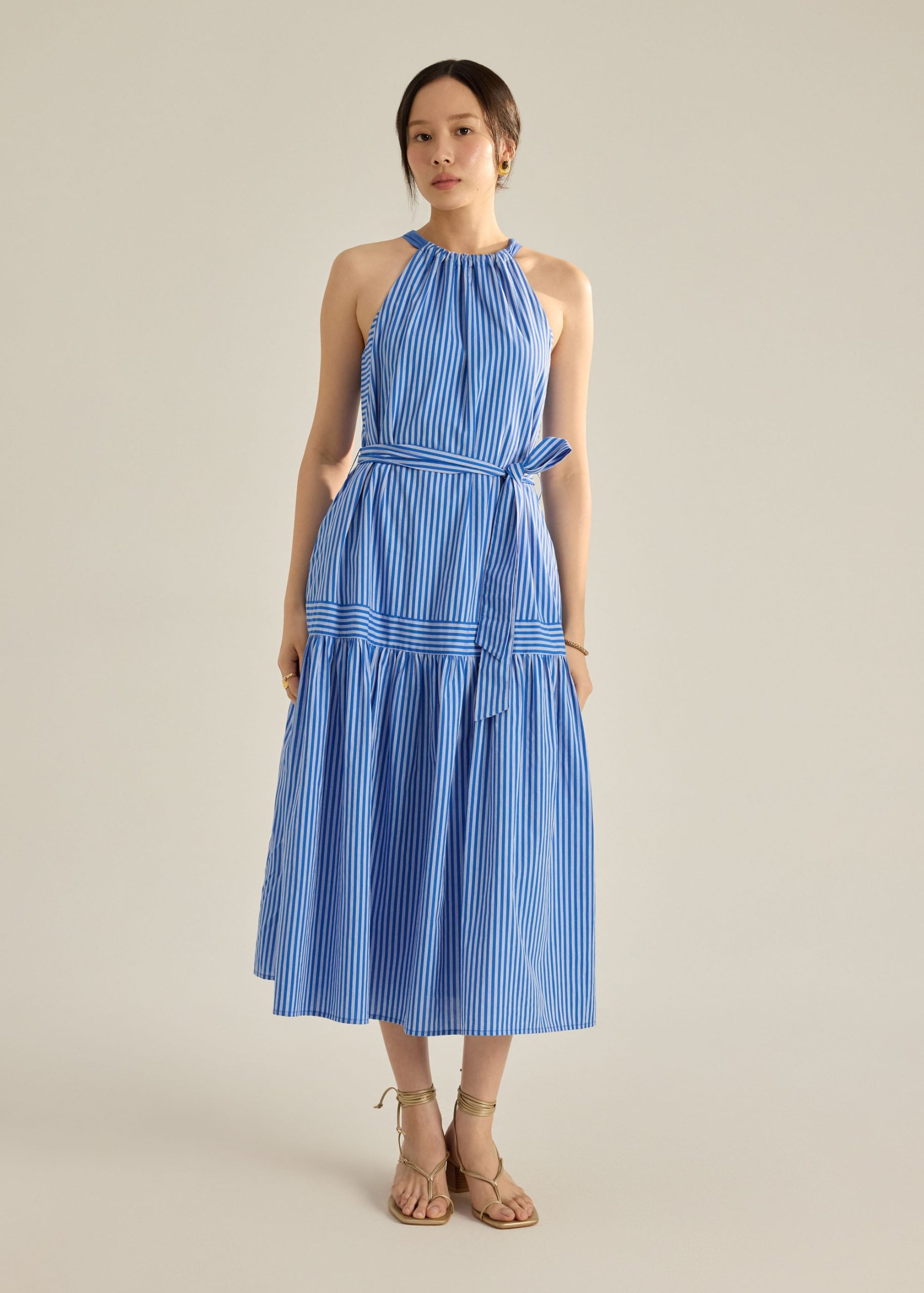 Striped Poplin Maxi Dress With Sash