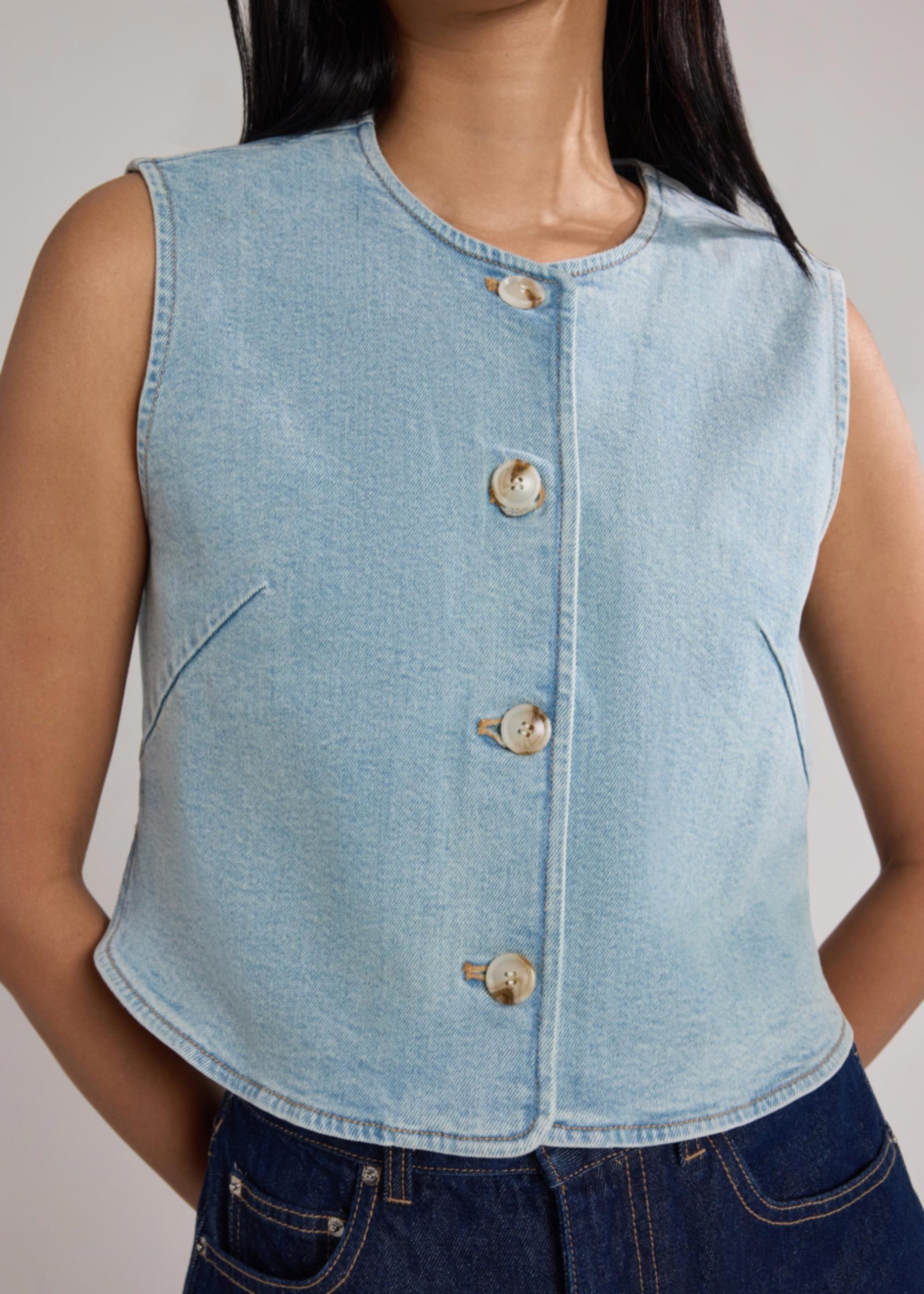 Relaxed Denim Round Neck Button Down Vest Top - Image 9