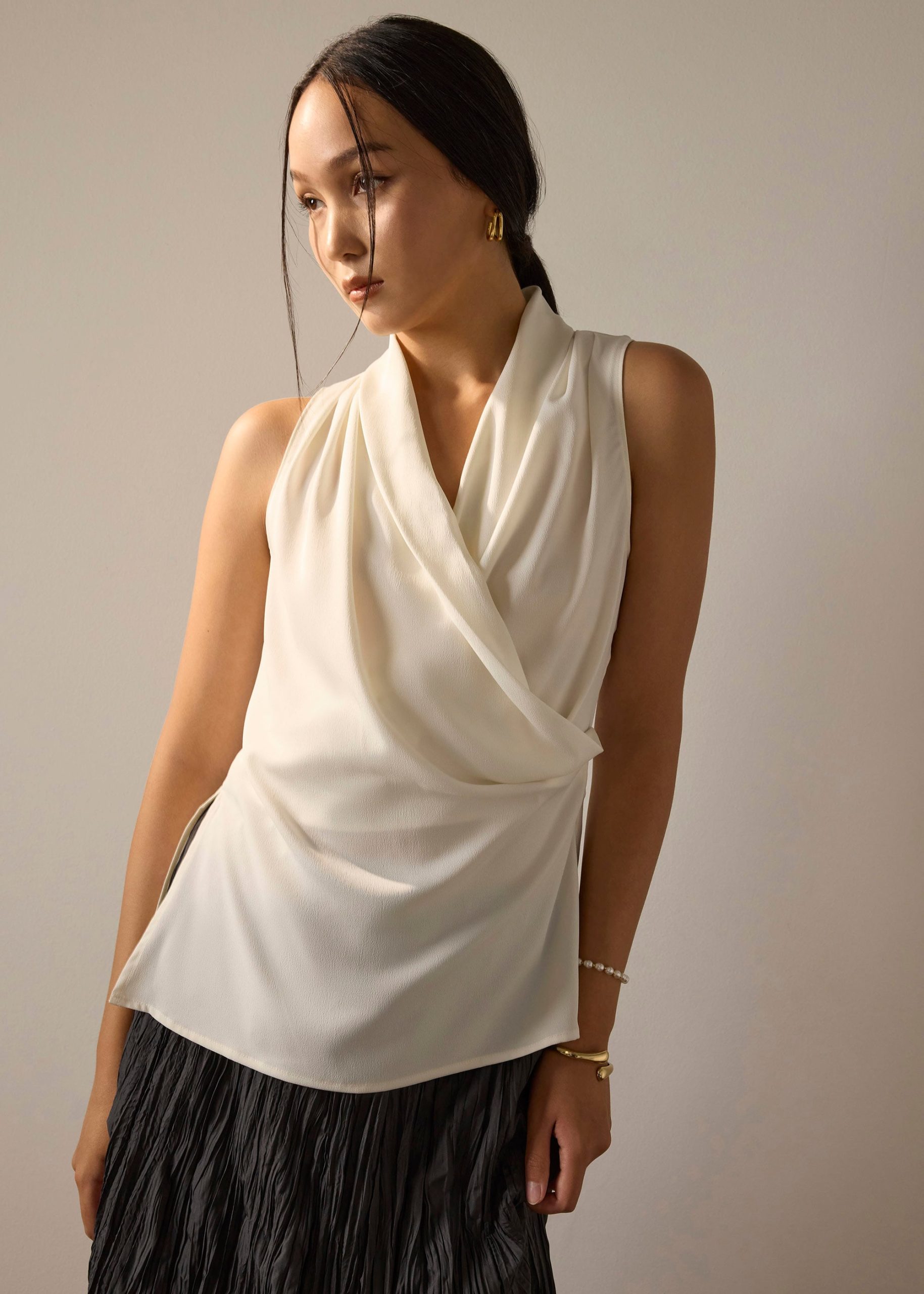Krystal Crepe Satin Draped V-neck Top - Image 8