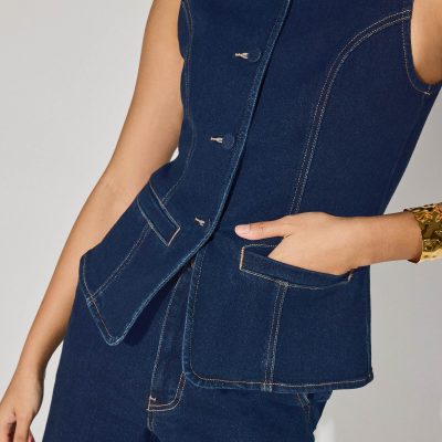 Denim Round Neck Fitted Vest