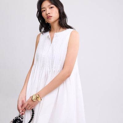 Oxford Pintuck Notched Trapeze Mini Dress