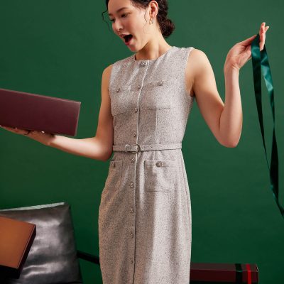 Belted Tweed Column Midi Dress