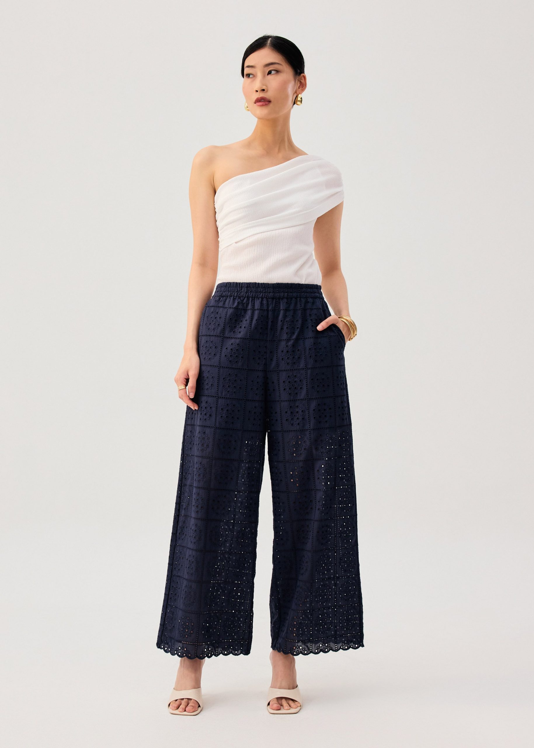 Elastic Cotton Broderie Mid Waist Straight Leg Pants - Image 12
