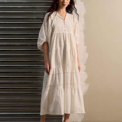 Broderie Puff Sleeve Trapeze Maxi Dress