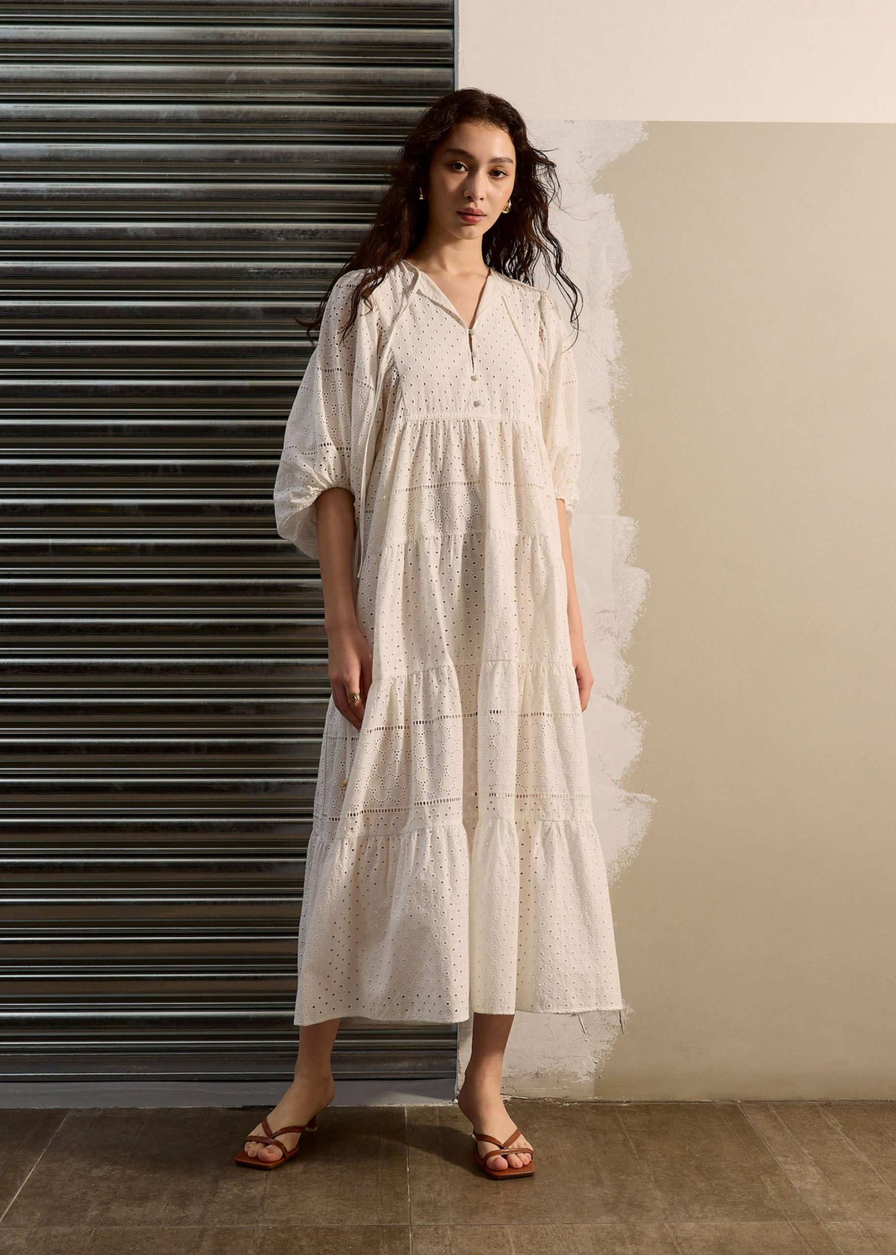 Broderie Puff Sleeve Trapeze Maxi Dress