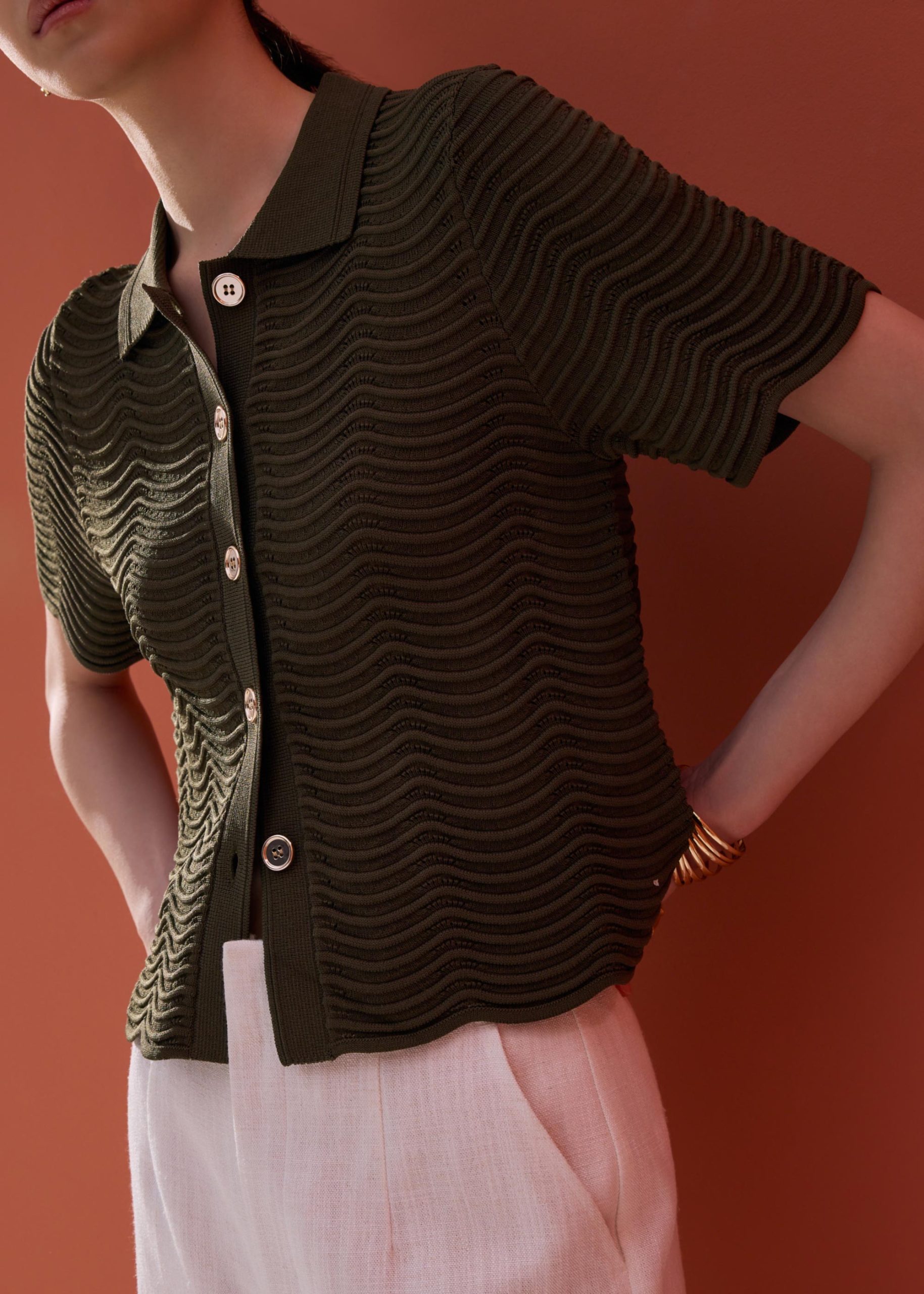 Wavy Knit Collared Boxy Cardigan - Image 14