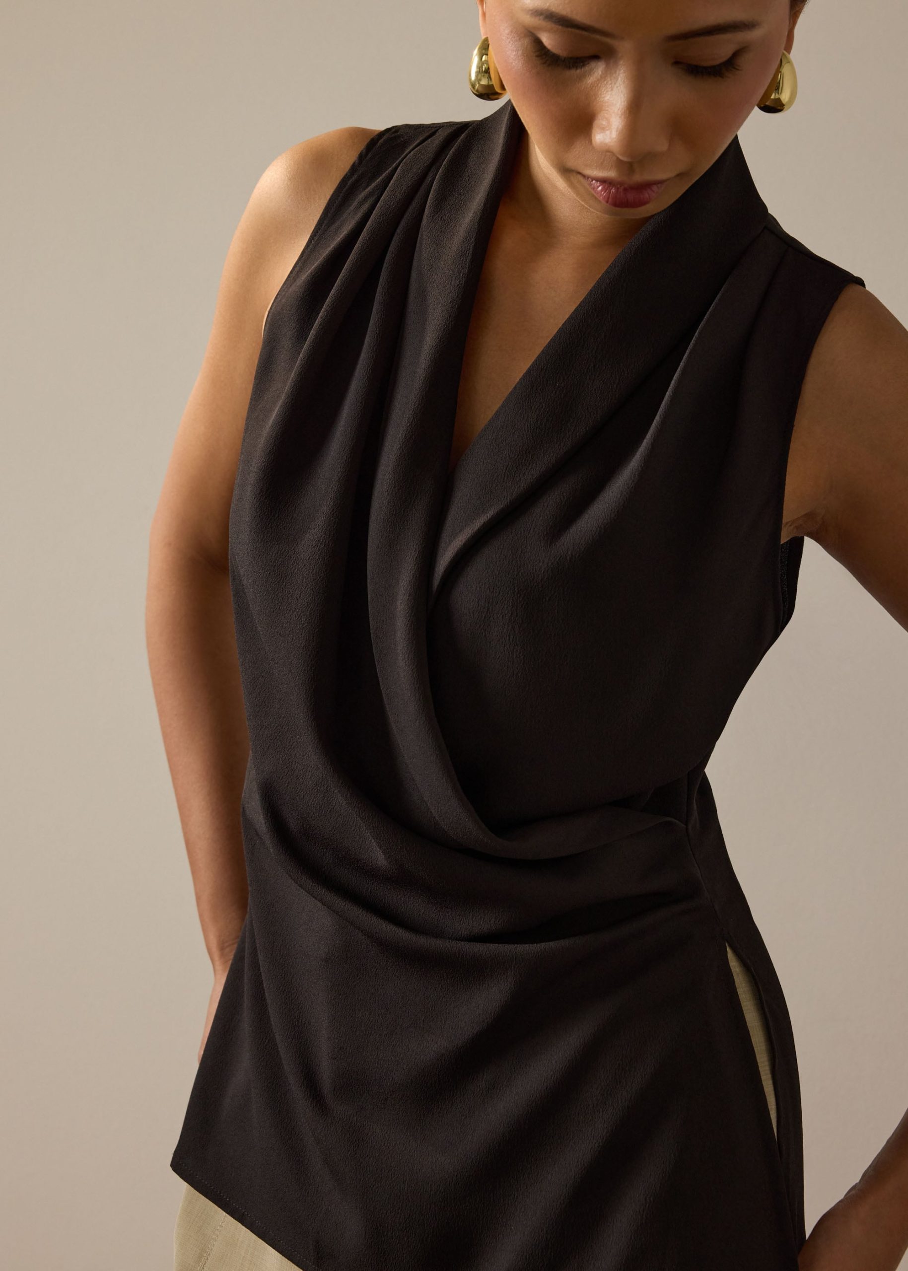 Krystal Crepe Satin Draped V-neck Top - Image 2