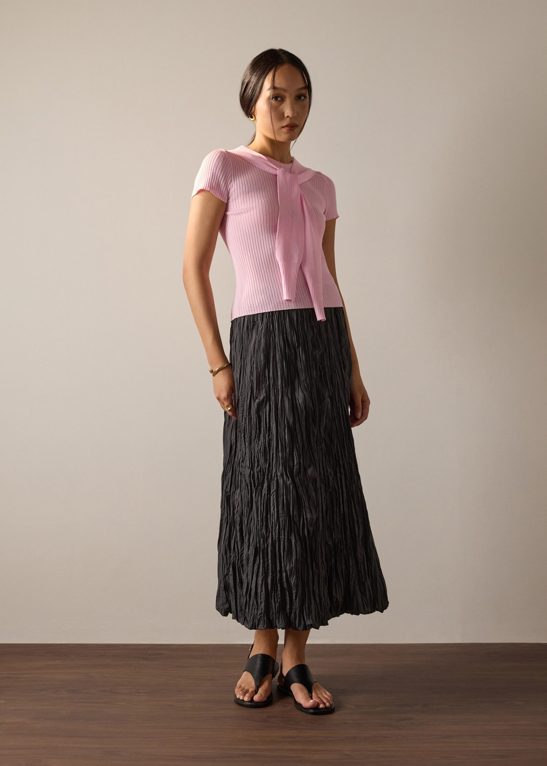 Knit Tie Collar Round Neck Top - Image 15