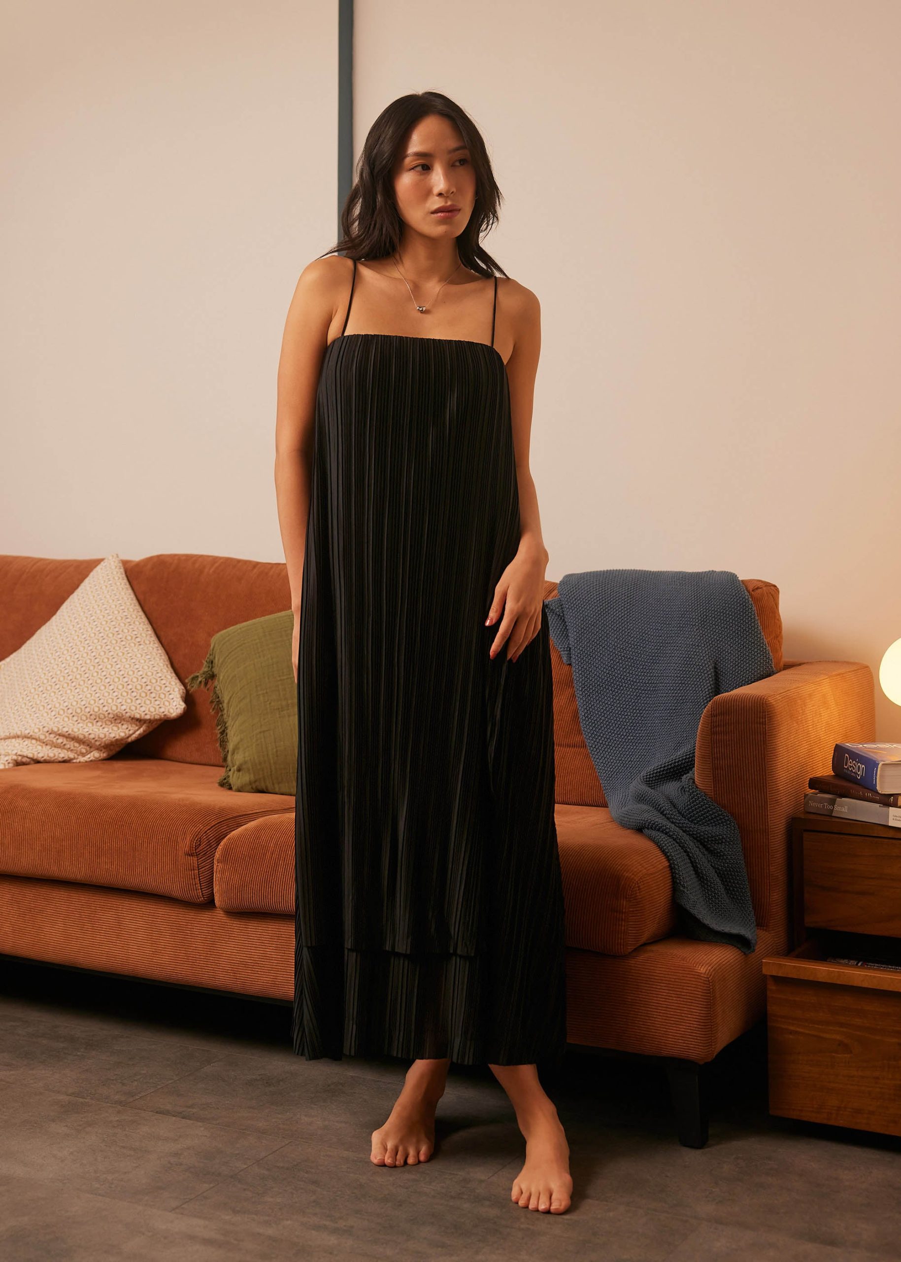 Plisse Trapeze Column Midaxi Dress