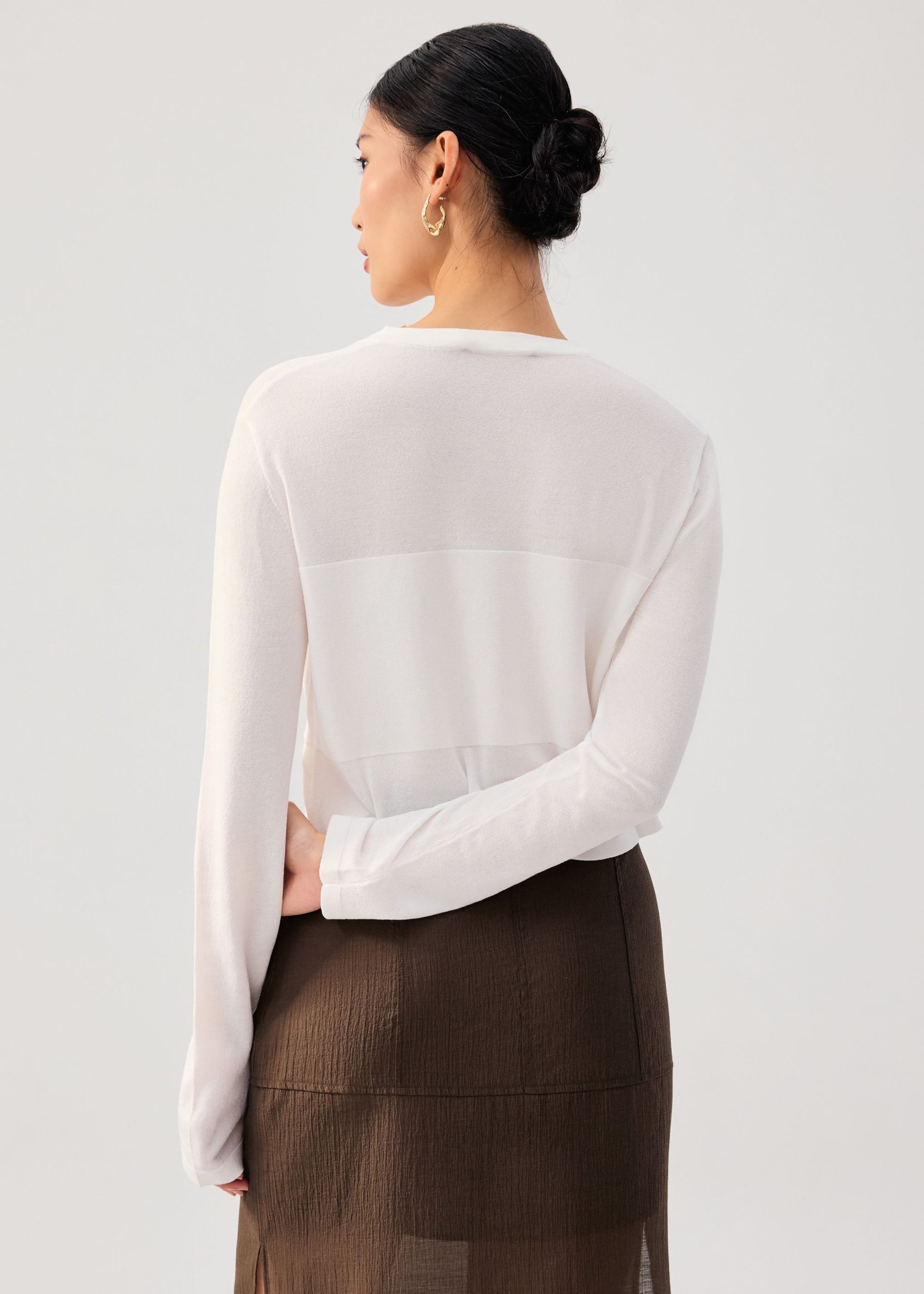 Sheer Knit Front Panel Round Neck Cardigan - Image 11