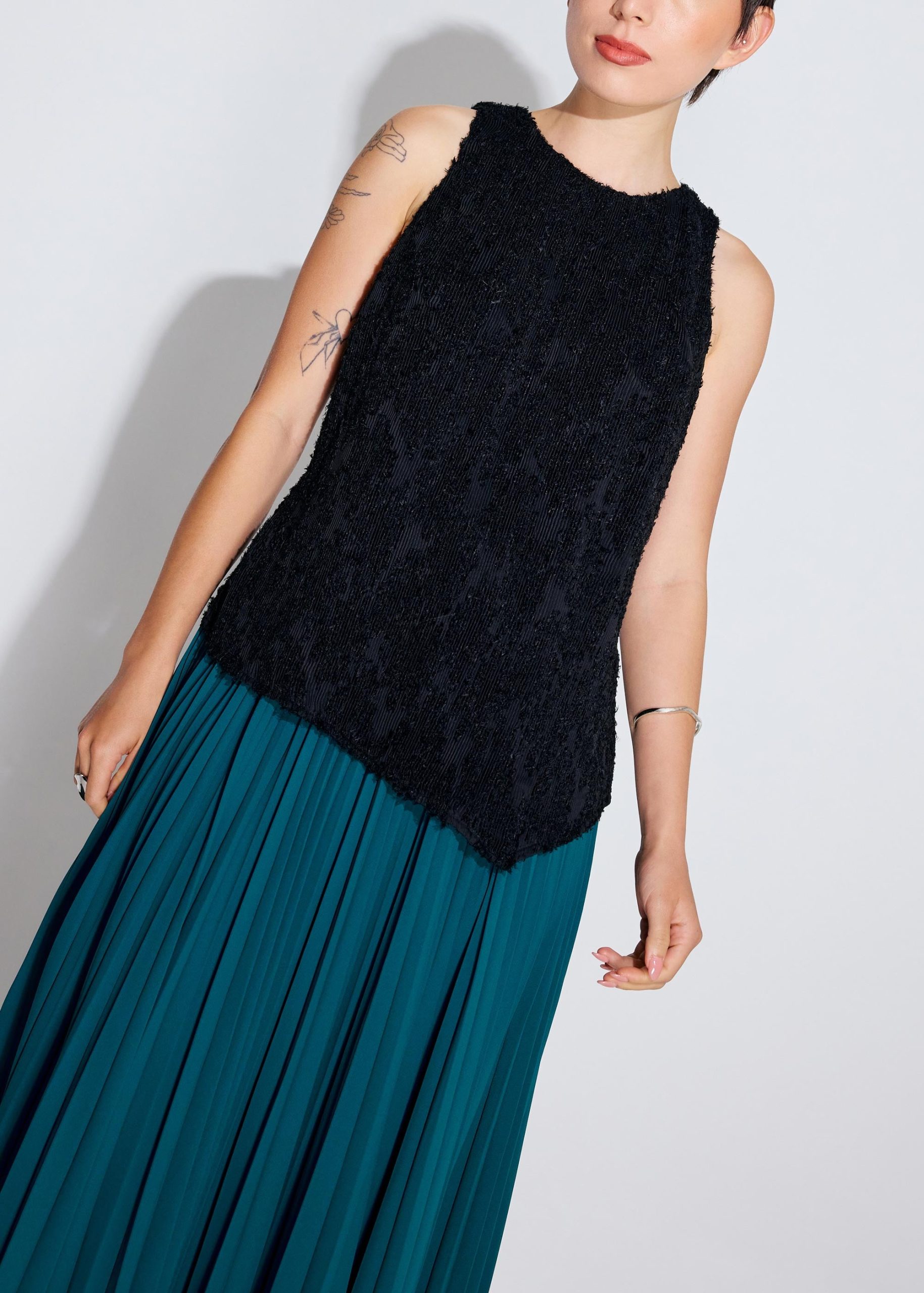 Faye Textured Asymmetric Hem Round Neck Top - Image 2