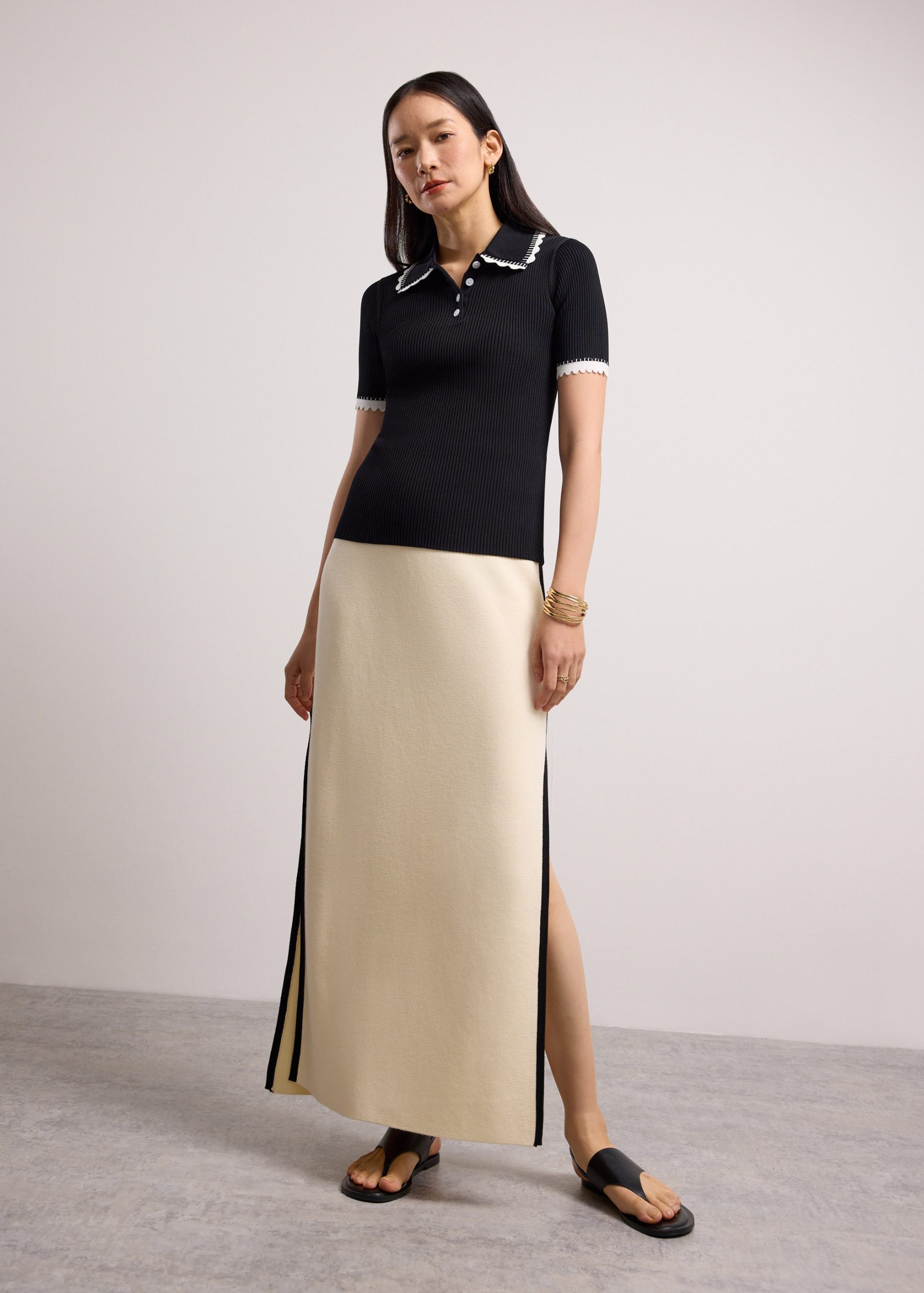 Contrast Trim Pointelle Knit Peter Pan Collar Top - Image 8