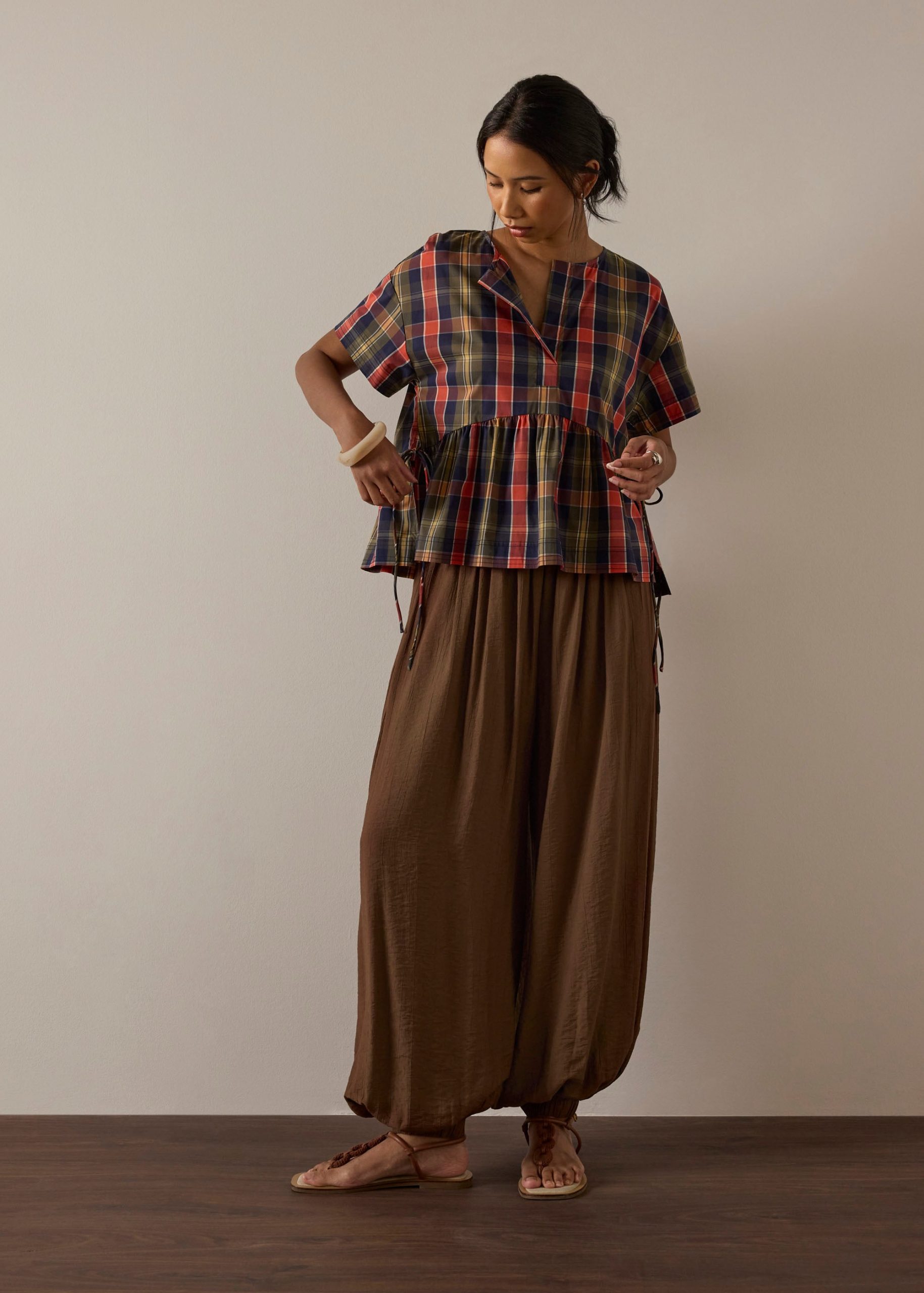 Checkered Cotton Peplum Top - Image 2