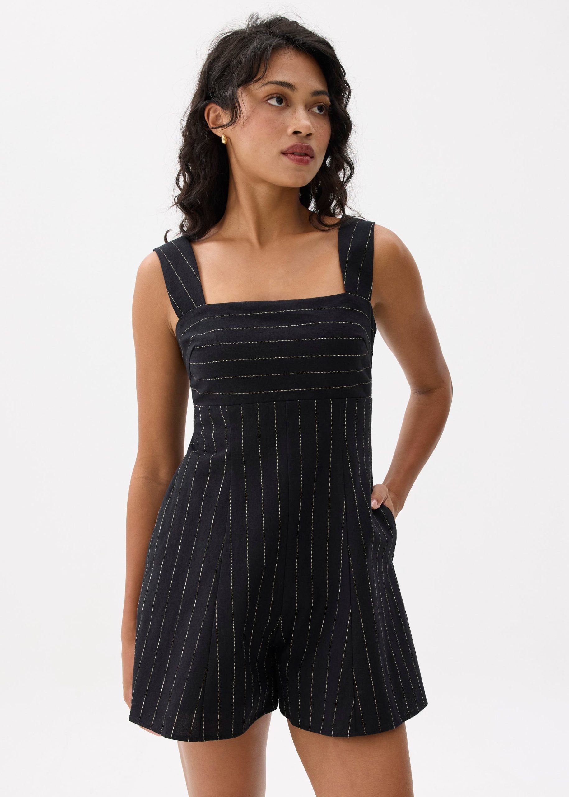 Striped Linen Square Neck Romper - Image 3
