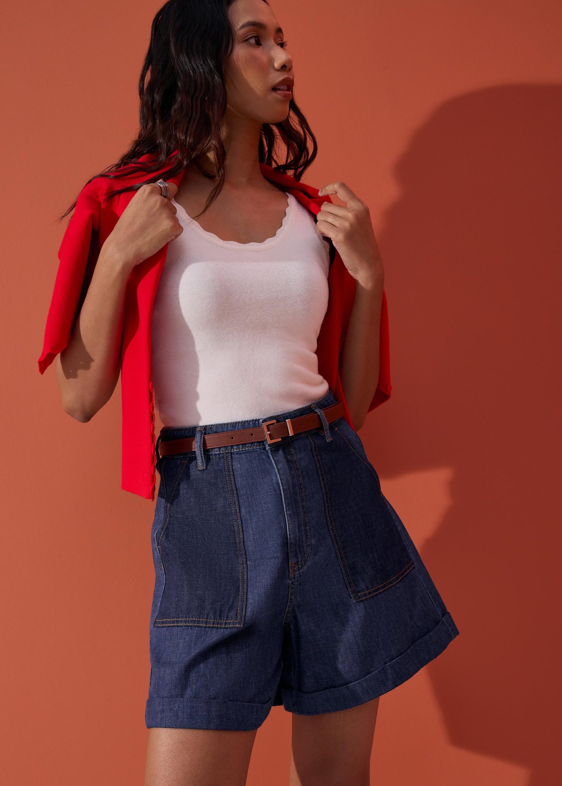 Denim High Waist A-line Cuffed Shorts - Image 4