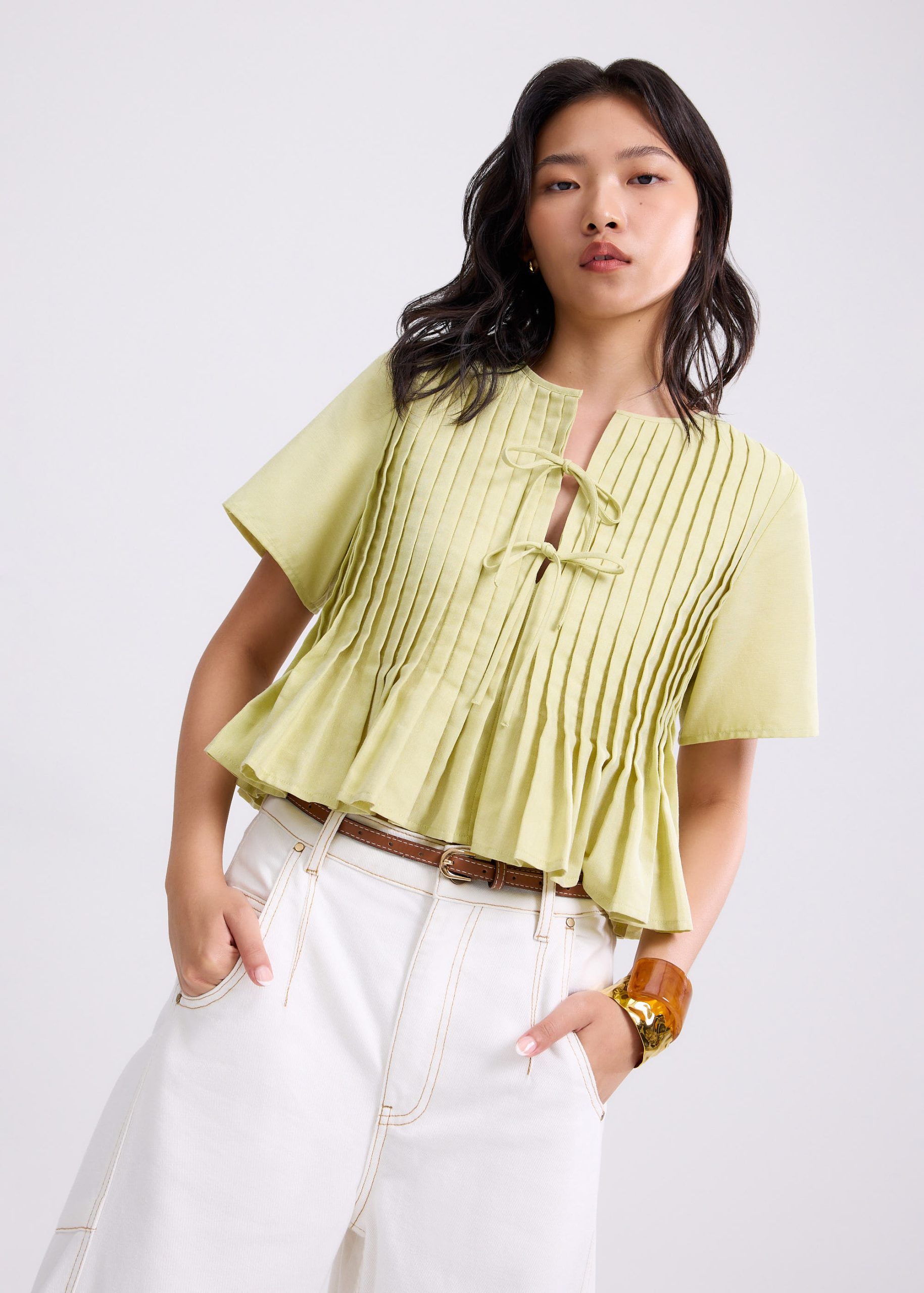Oxford Pintuck Notched Peplum Top - Image 16