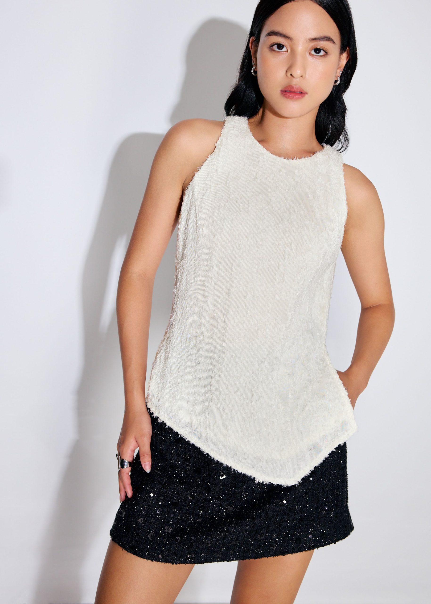 Faye Textured Asymmetric Hem Round Neck Top - Image 7