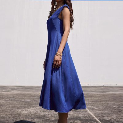 Chambray Panelled Cap Sleeve Fit & Flare Midi Dress