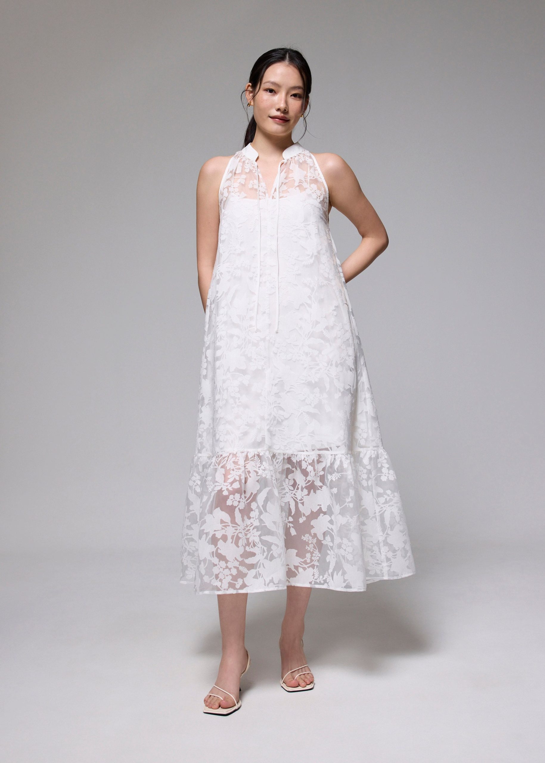 Jacquard Mandarin Collar Trapeze Midaxi Dress