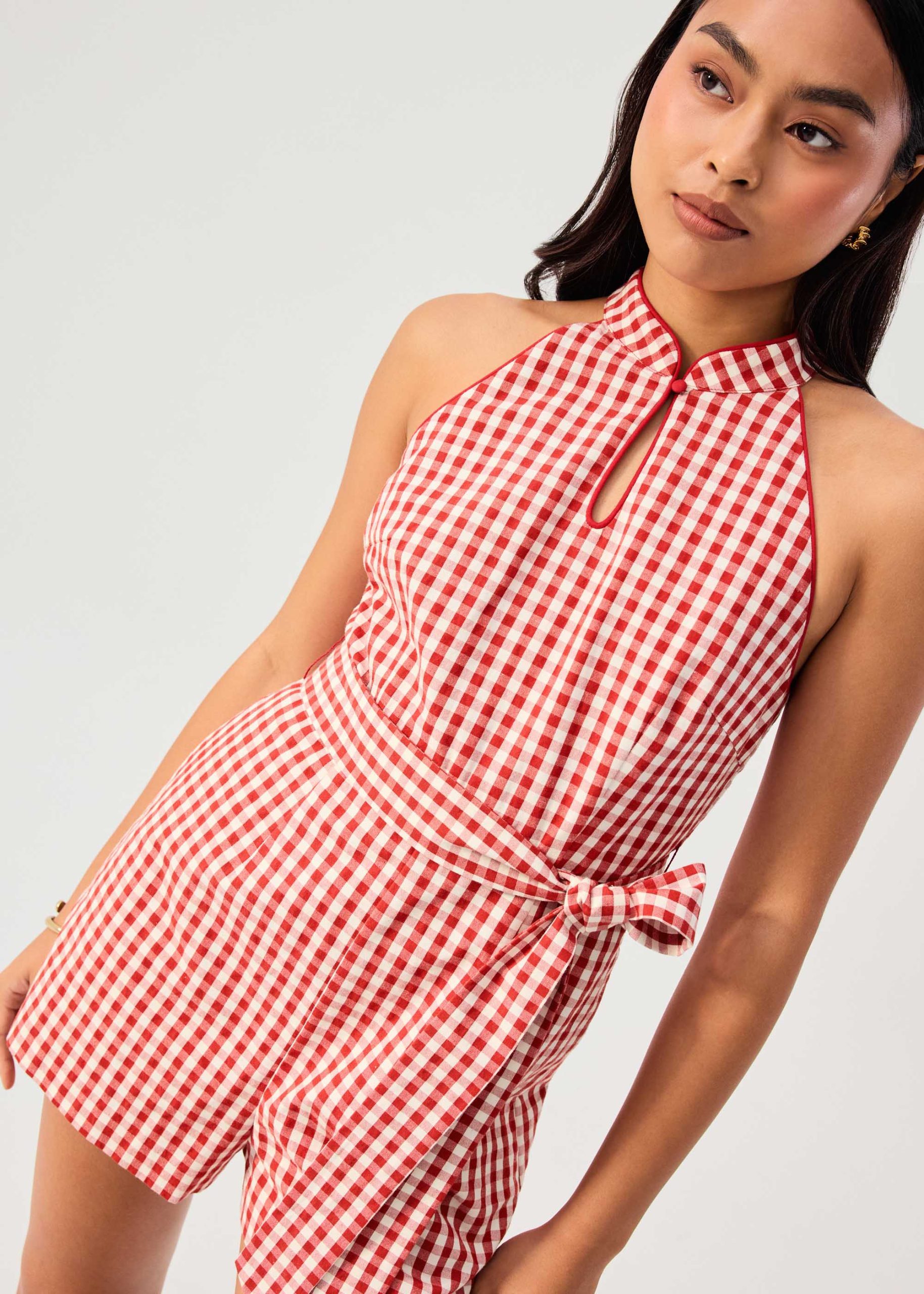 Gingham Cotton Mandarin Collar A-line Romper