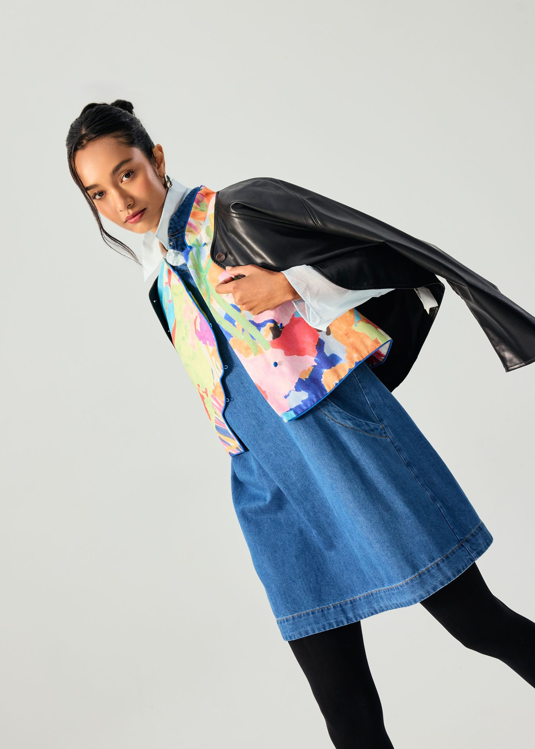 Denim Mandarin Collar Mini Dress - Image 2